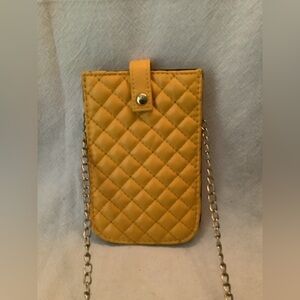 Crossbody Bag Phone Case Yellow w/Diamond Quilting & 49” Gold Chain Strap